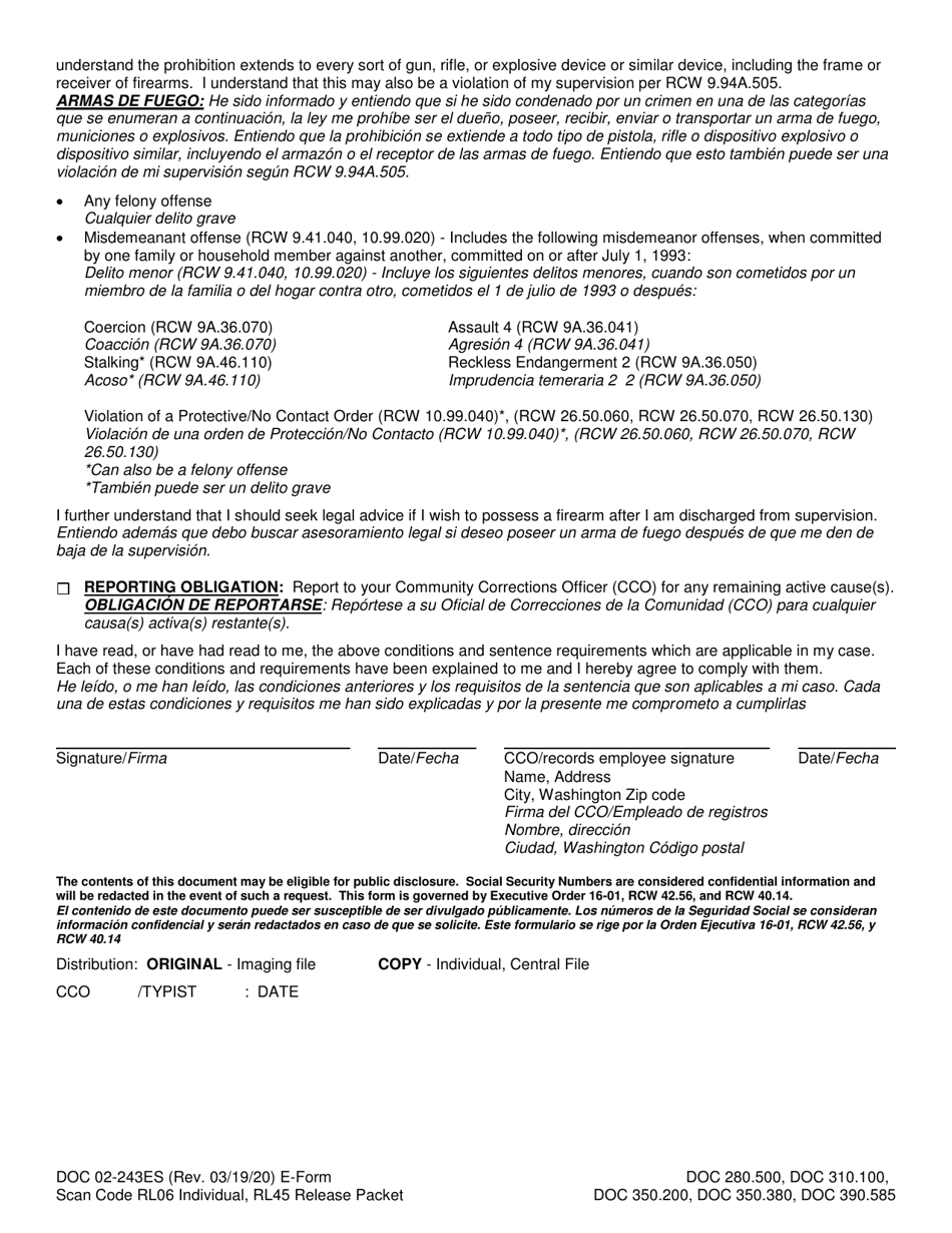 Form DOC02-243ES Notice of Continued Obligations / Restrictions - Washington (English / Spanish), Page 2