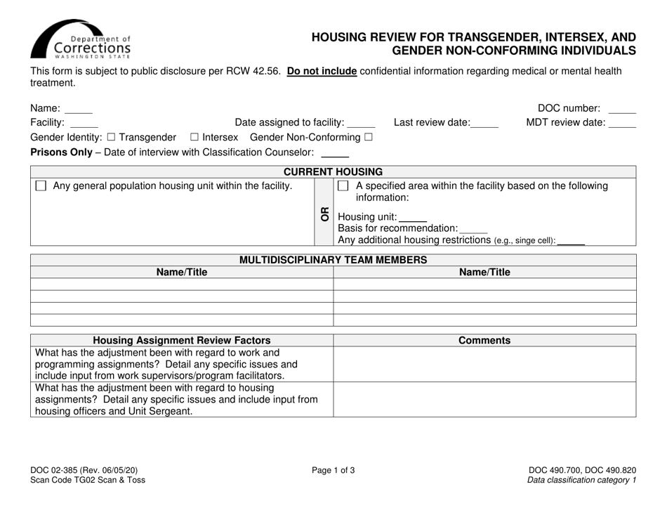 Form DOC02-385 Housing Review for Transgender, Intersex, and Gender Non-conforming Individuals - Washington, Page 1