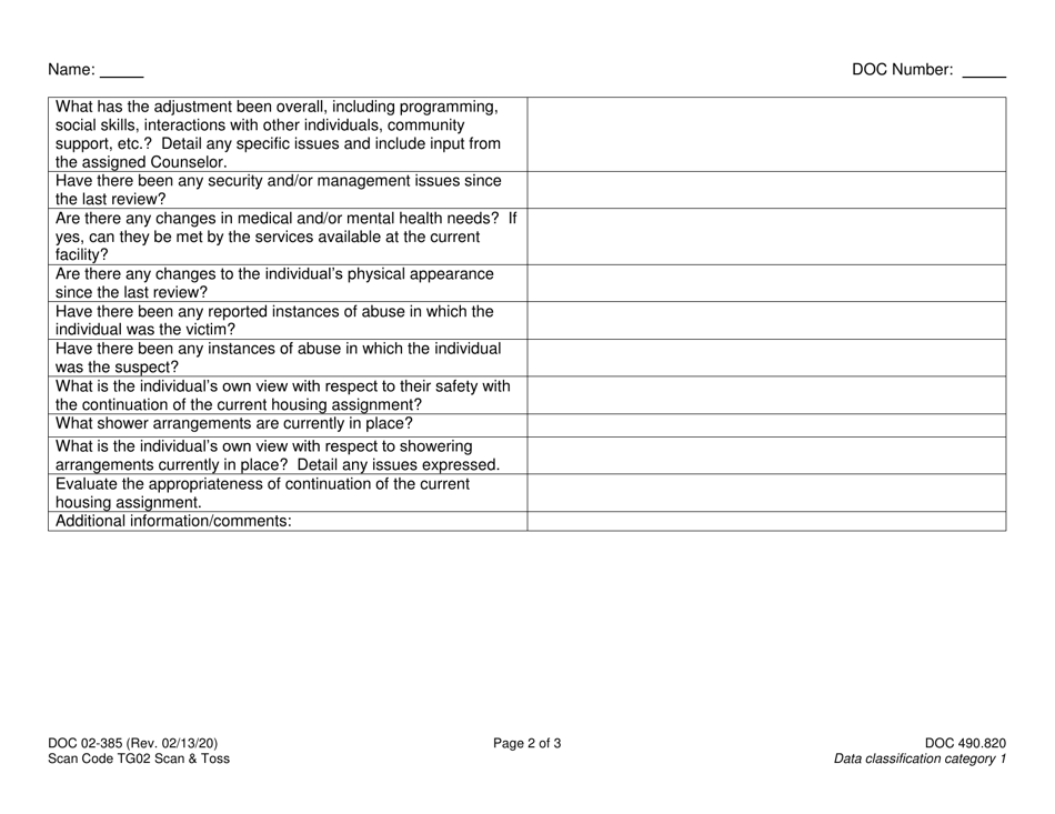 Form DOC02-385 Housing Review for Transgender, Intersex, and Gender Non-conforming Individuals - Washington, Page 2