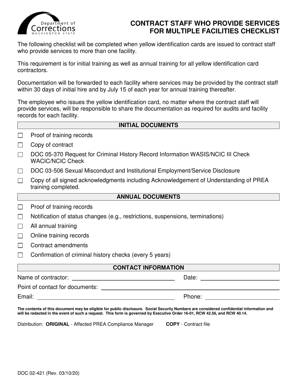 Form DOC02-421 Contract Staff Who Provide Services for Multiple Facilities Checklist - Washington, Page 1