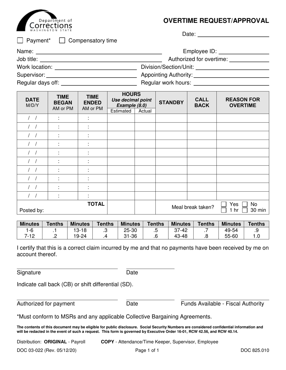 Form DOC03-022 Overtime Request / Approval - Washington, Page 1