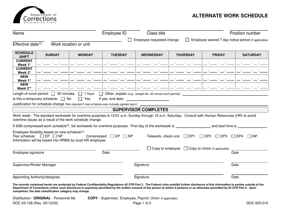 Form DOC825.010 Alternate Work Schedule - Washington, Page 1