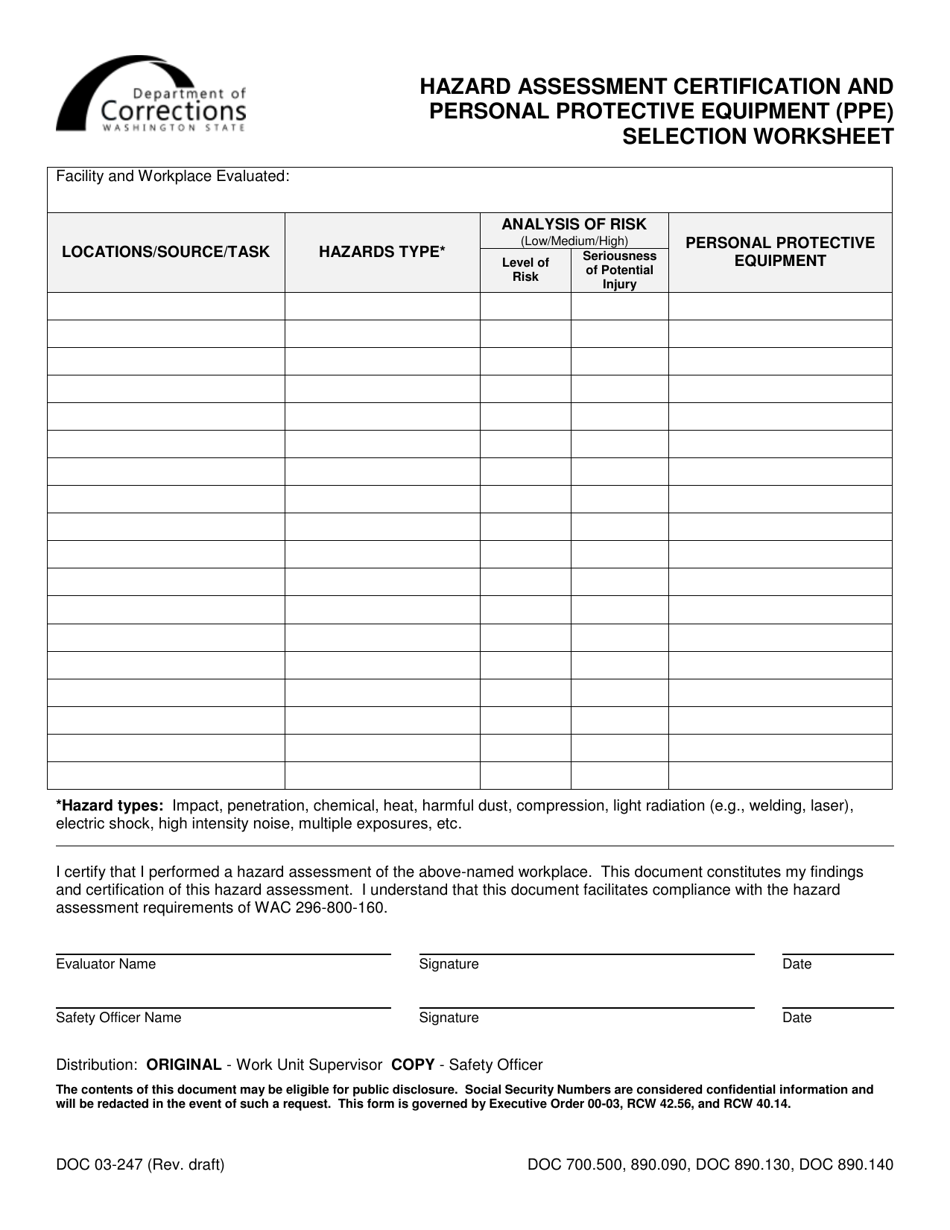 Form DOC03-247 Hazard Assessment Certification and Personal Protective Equipment (Ppe) Selection Worksheet - Washington, Page 1