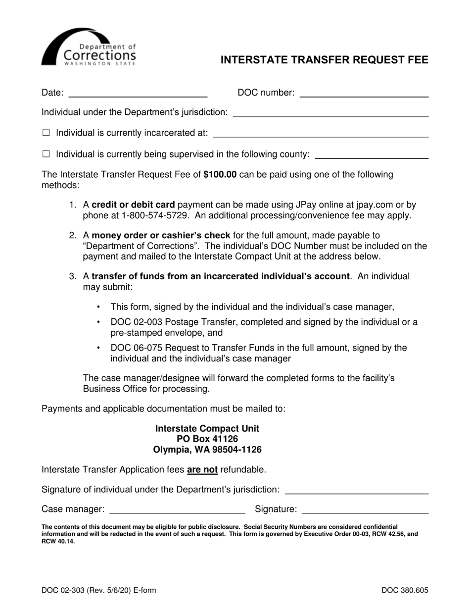 Form DOC02-303 Interstate Transfer Request Fee - Washington, Page 1