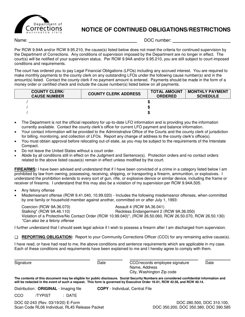 Form DOC02-243 Notice of Continued Obligations / Restrictions - Washington, Page 1