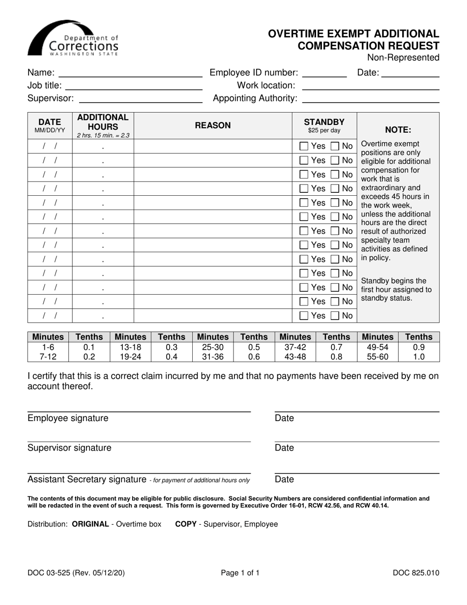Form DOC03-525 Overtime Exempt Additional Compensation Request - Washington, Page 1