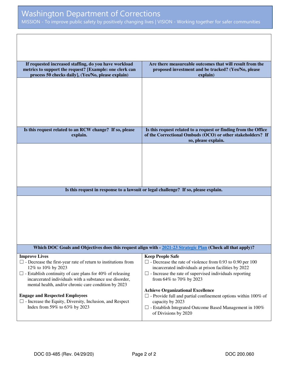 Form DOC03-485 Biennial / Supplemental Budget Requests - Washington, Page 2