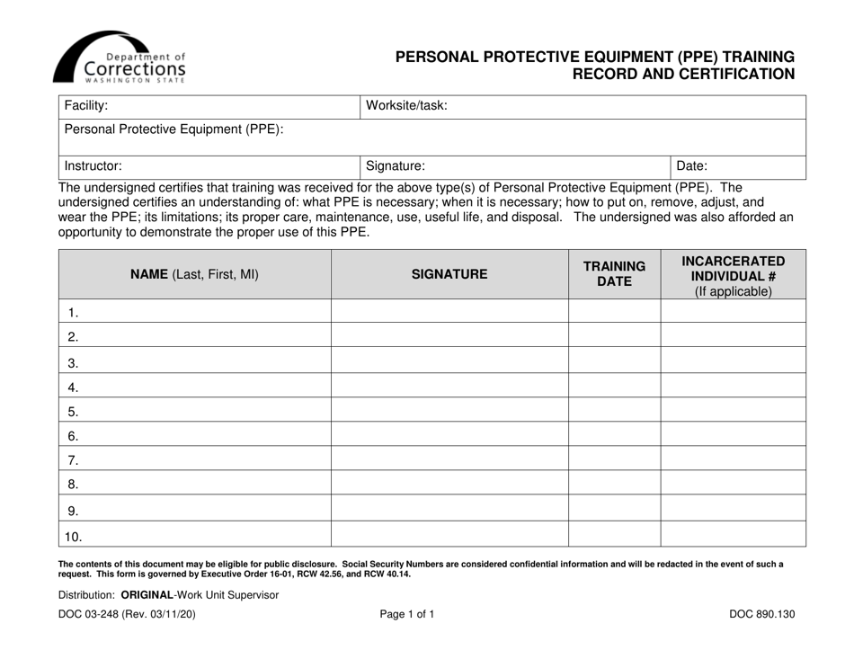 Form DOC03-248 Personal Protective Equipment (Ppe) Training Record and Certification - Washington, Page 1