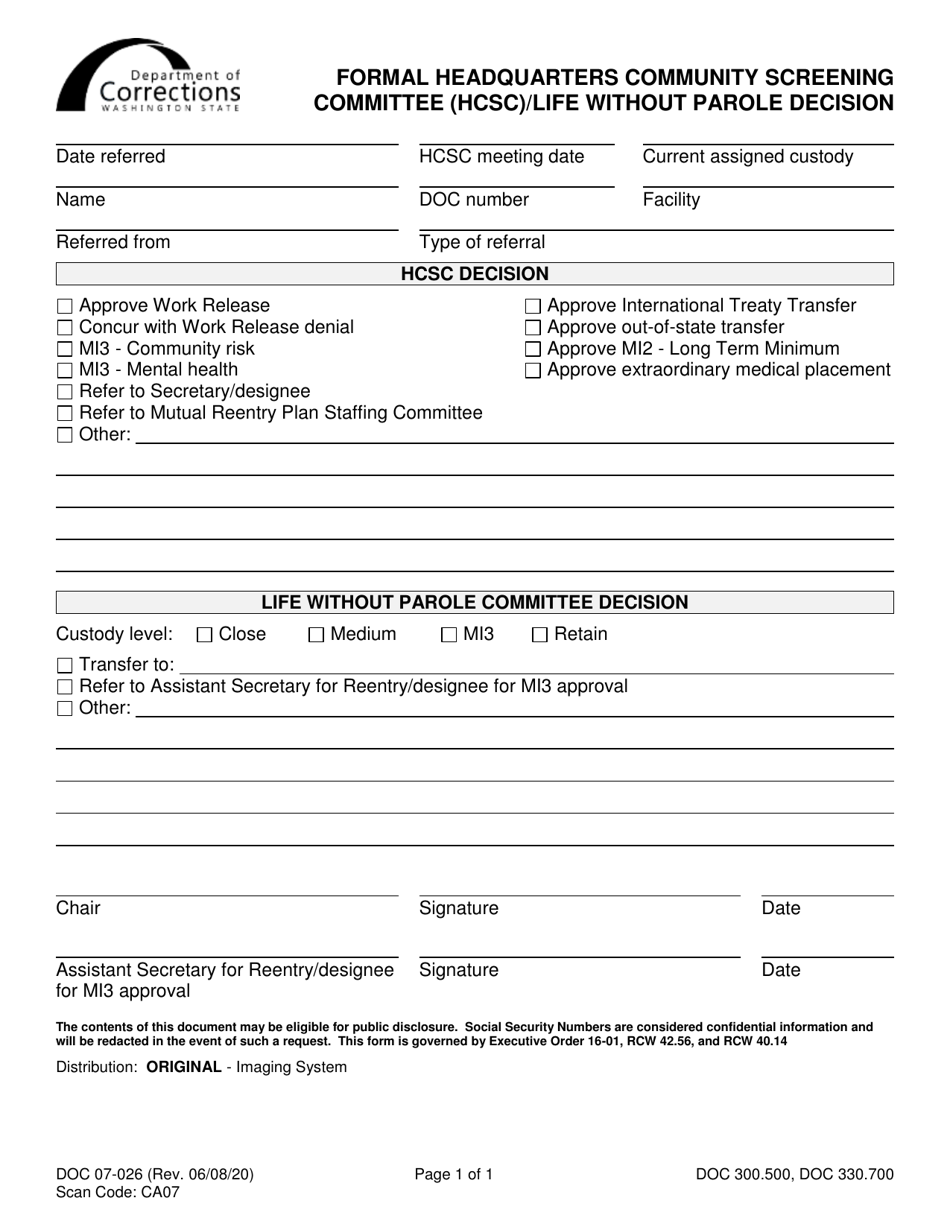 Form DOC07-026 Formal Headquarters Community Screening Committee (Hcsc) / Life Without Parole Decision - Washington, Page 1