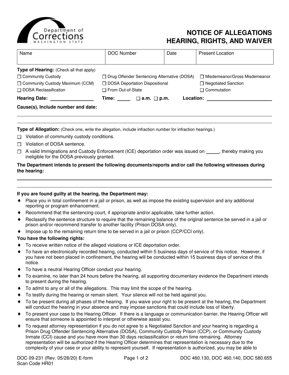 Form DOC09-231 Notice of Allegations, Hearing, Rights, and Waiver - Washington, Page 1