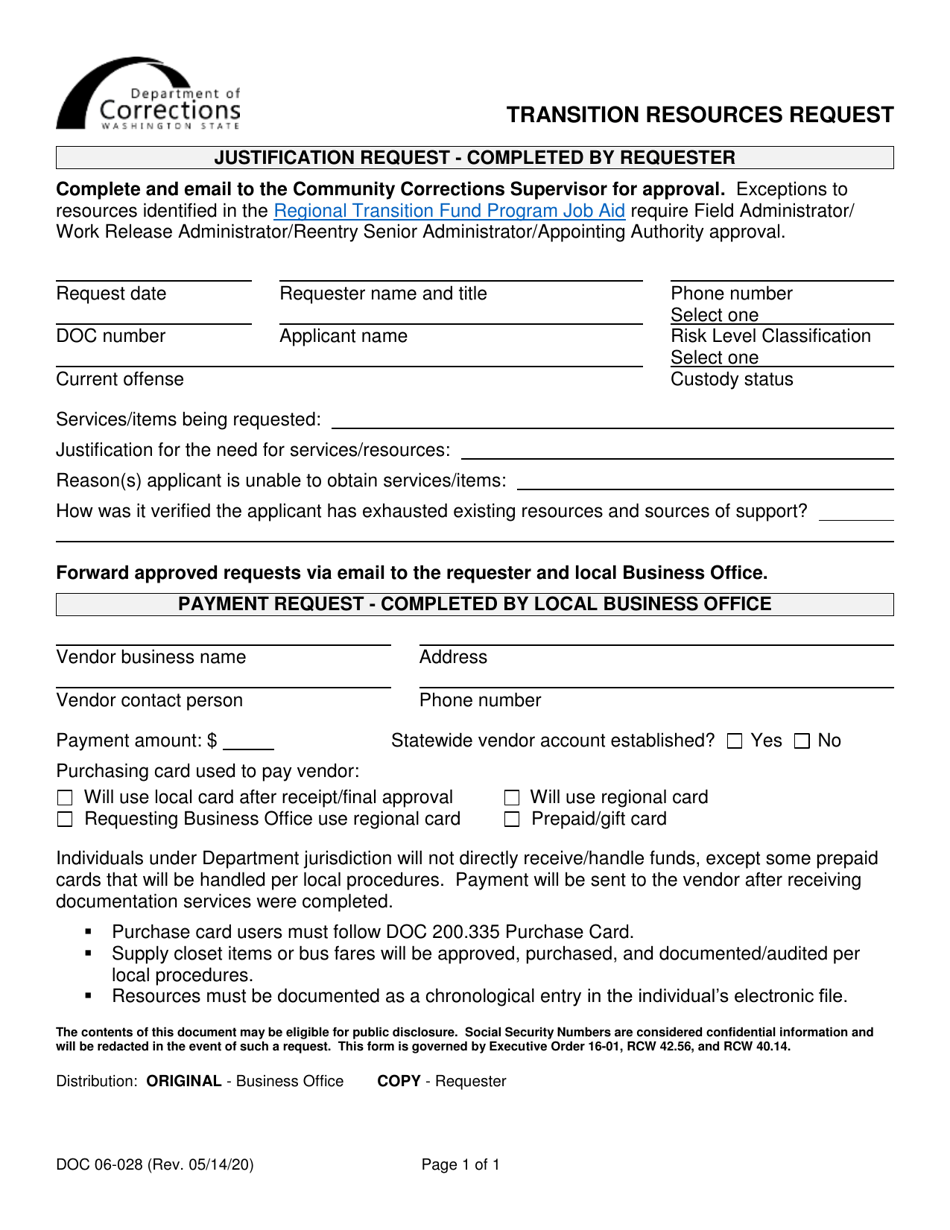 Form DOC06-028 Transition Resources Request - Washington, Page 1