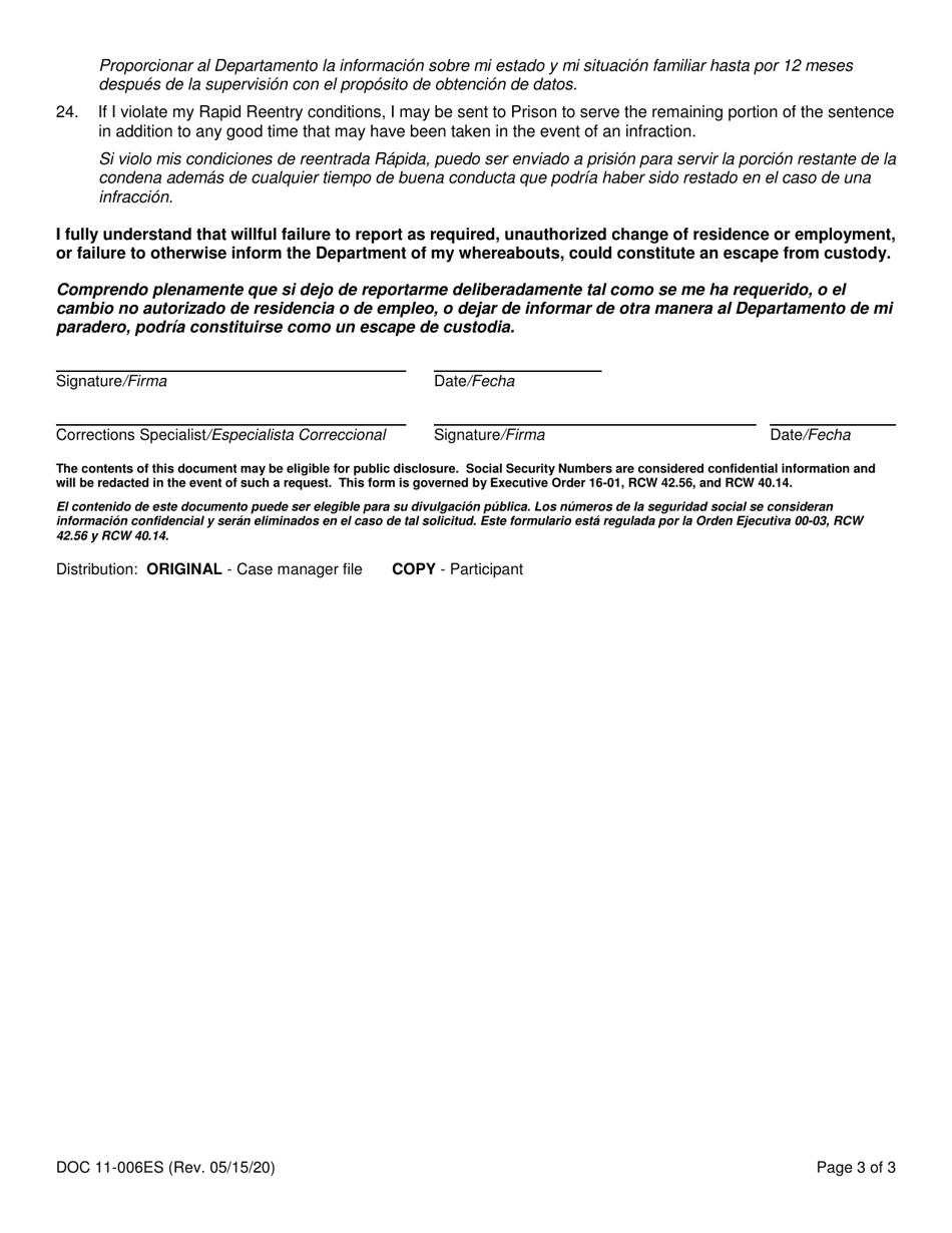 Form DOC11-006ES Rapid Reentry Conditions - Washington (English / Spanish), Page 3