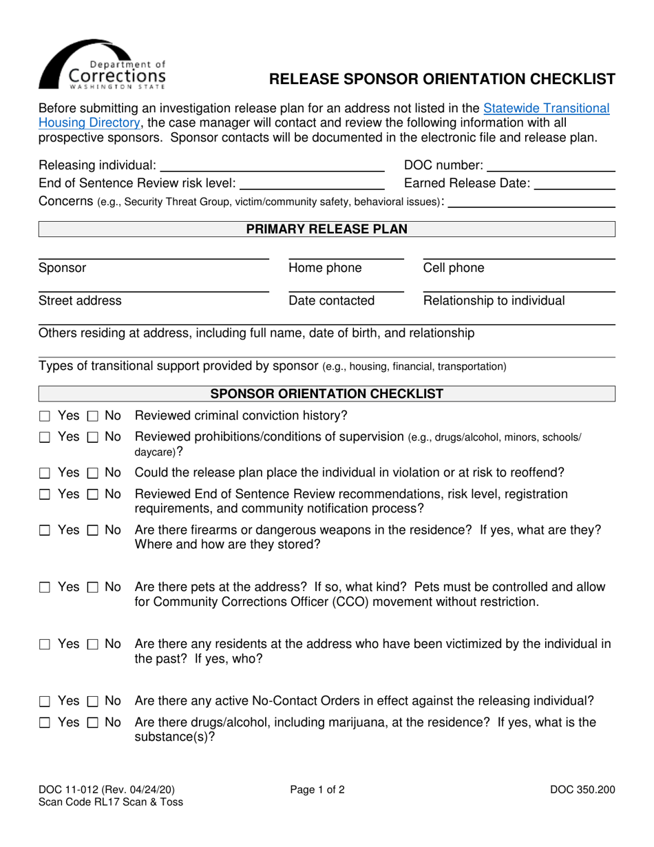Form DOC11-012 Release Sponsor Orientation Checklist - Washington, Page 1