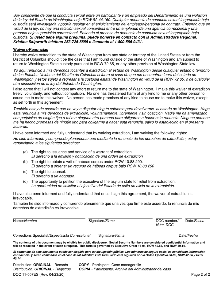 Form DOC11-007ES Rapid Reentry Standard Rules - Washington (English / Spanish), Page 2