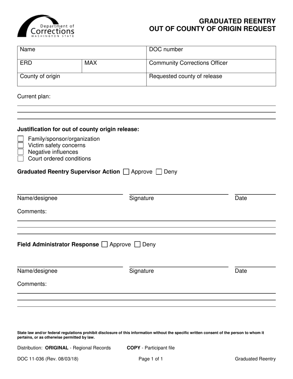 Form DOC11-036 Graduated Reentry out of County Origin Request - Washington, Page 1