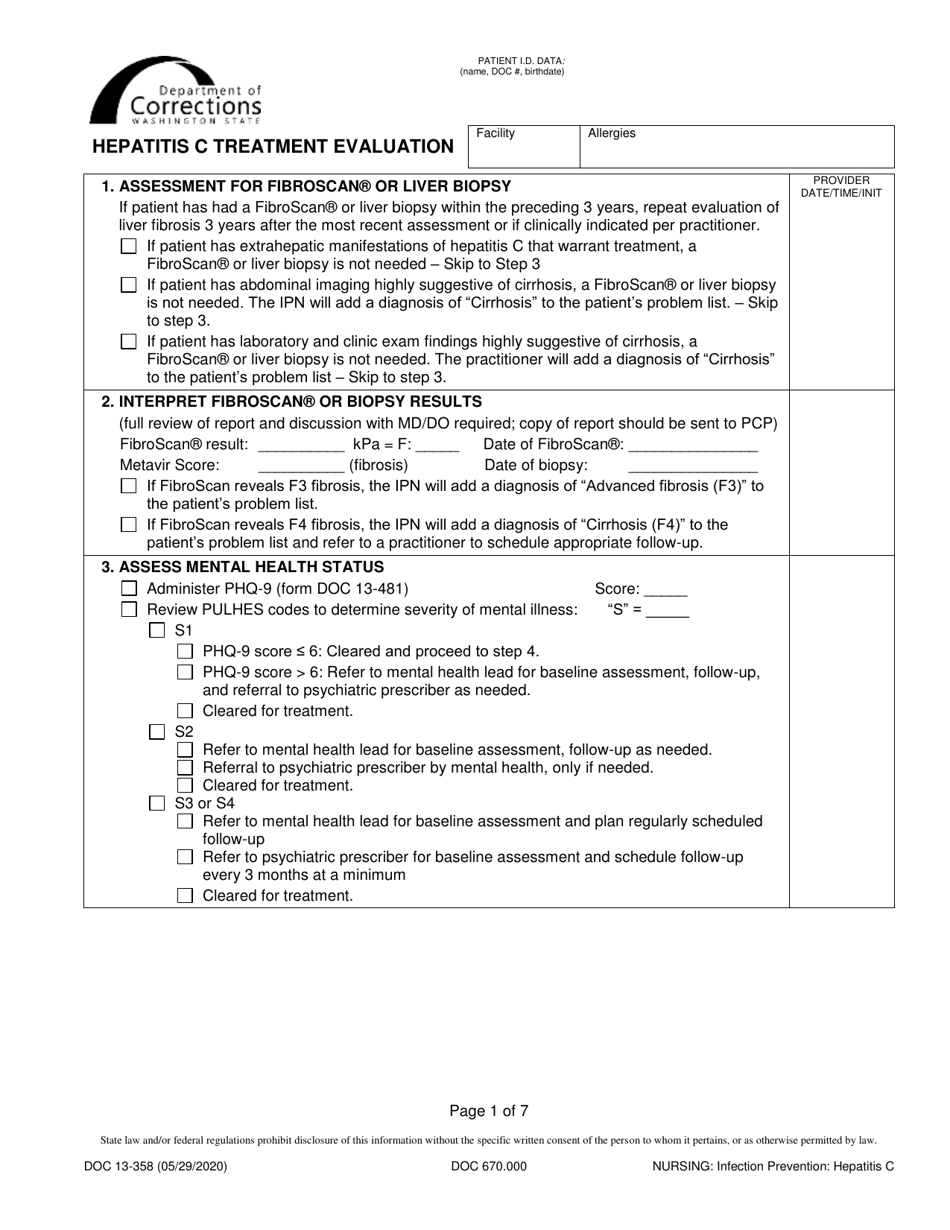 Form DOC13-358 Hepatitis C Treatment Evaluation - Washington, Page 1