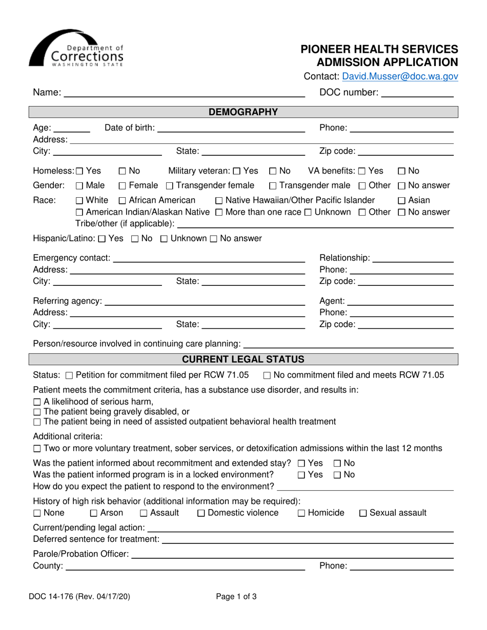 Form DOC14-176 Pioneer Health Services Admission Application - Washington, Page 1
