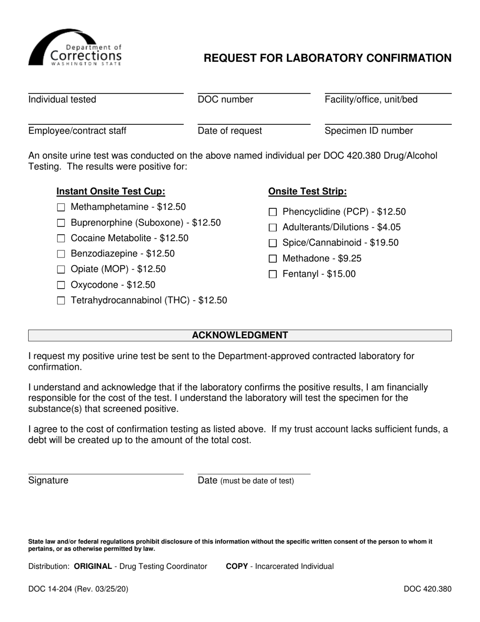 Form DOC14204 Download Printable PDF or Fill Online Request for Laboratory Confirmation