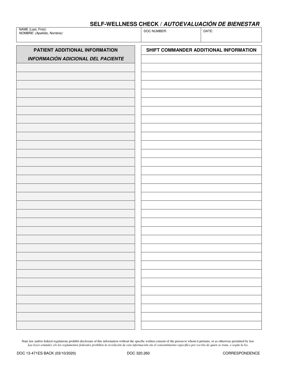 Form DOC13-471 Self-wellness Check - Washington (English / Spanish), Page 2