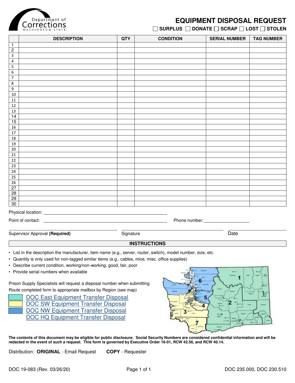 Form DOC19-083 Equipment Disposal Request Surplus / Donate / Scrap / Lost / Stolen - Washington, Page 1