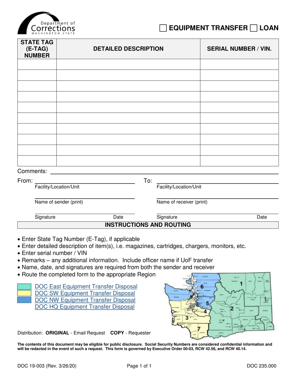 Form DOC19003 Download Printable PDF or Fill Online Equipment Transfer/Loan Washington
