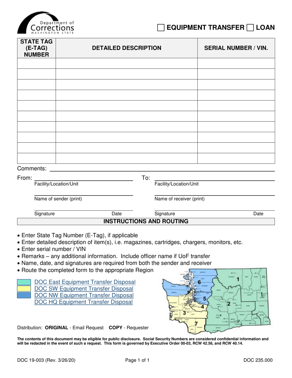 Form DOC19-003 Equipment Transfer / Loan - Washington, Page 1