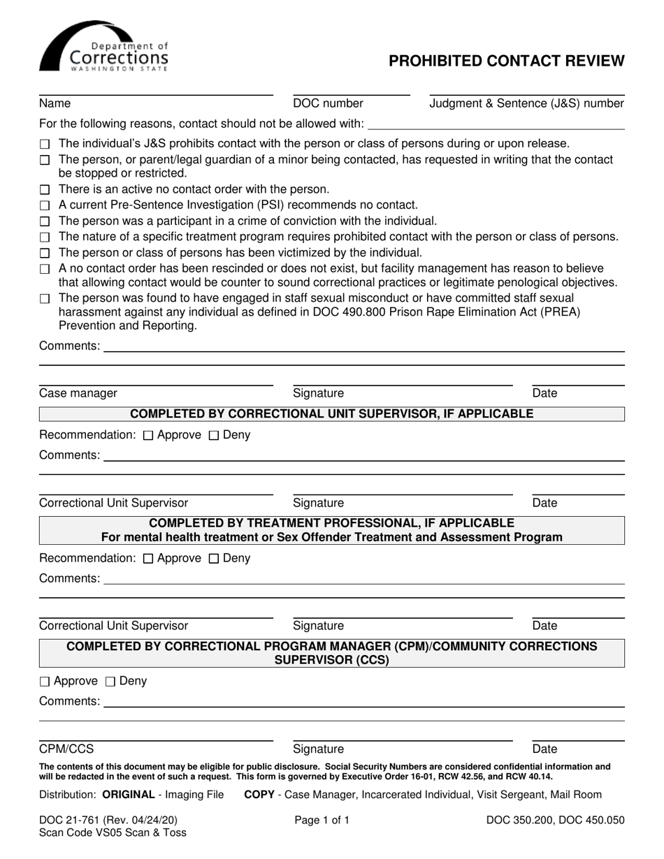 Form DOC21-761 Prohibited Contact Review - Washington, Page 1