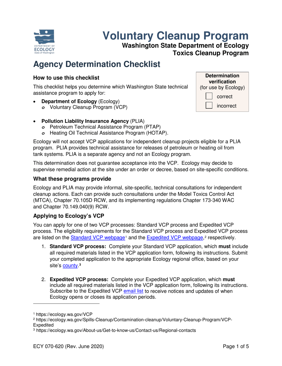 Form ECY070-620 Agency Determination Checklist - Washington, Page 1