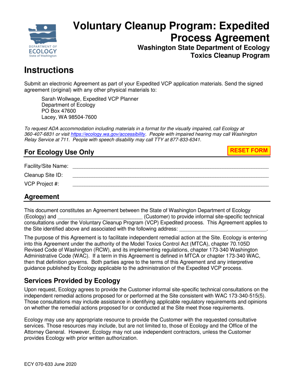 Form ECY070-633 Voluntary Cleanup Program: Expedited Process Agreement - Washington, Page 1