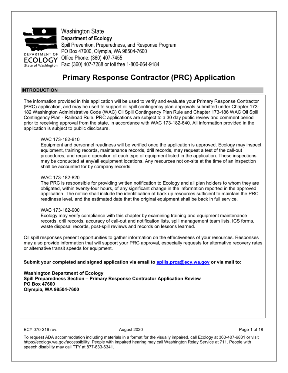 Form ECY070-216 Primary Response Contractor (Prc) Application - Washington, Page 1
