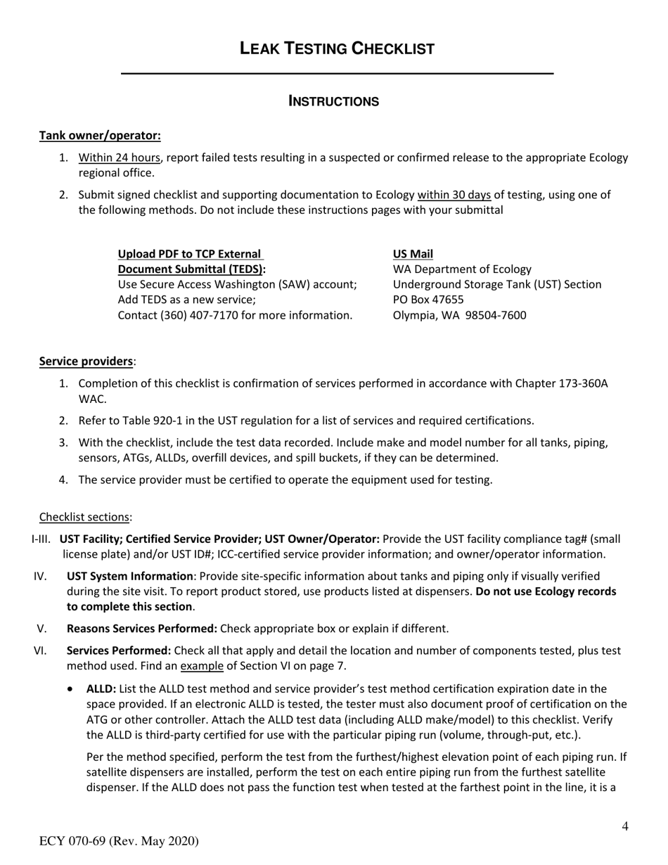 Form ECY070-69 Leak Testing Checklist for Underground Storage Tanks (Usts) - Washington, Page 4