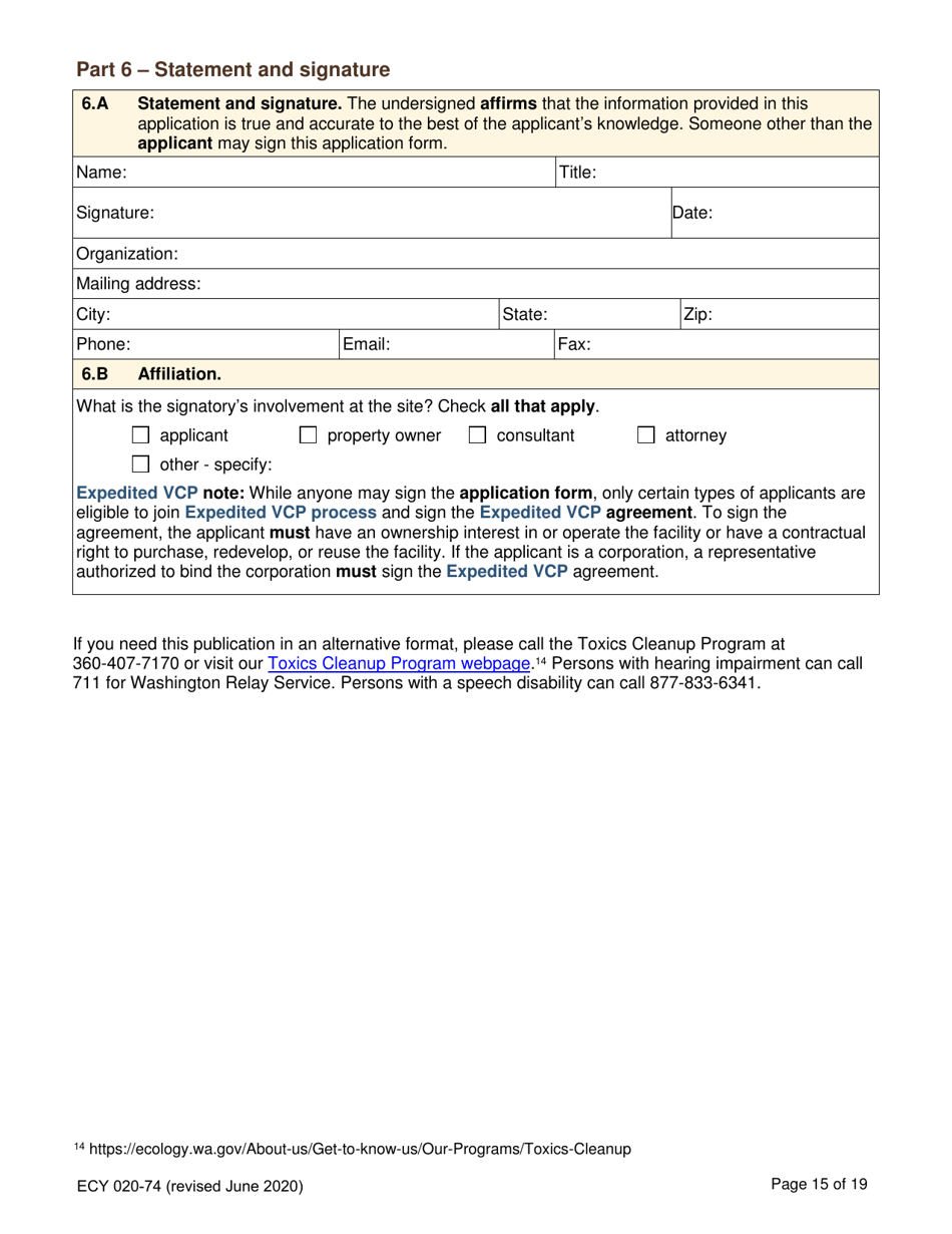 Form ECY020-74 Voluntary Cleanup Program Application Form - Washington, Page 15