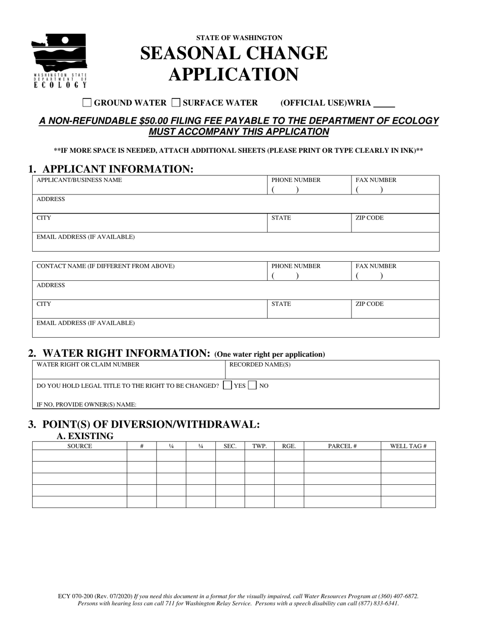 Form ECY070-200 Seasonal Change Application - Washington, Page 1