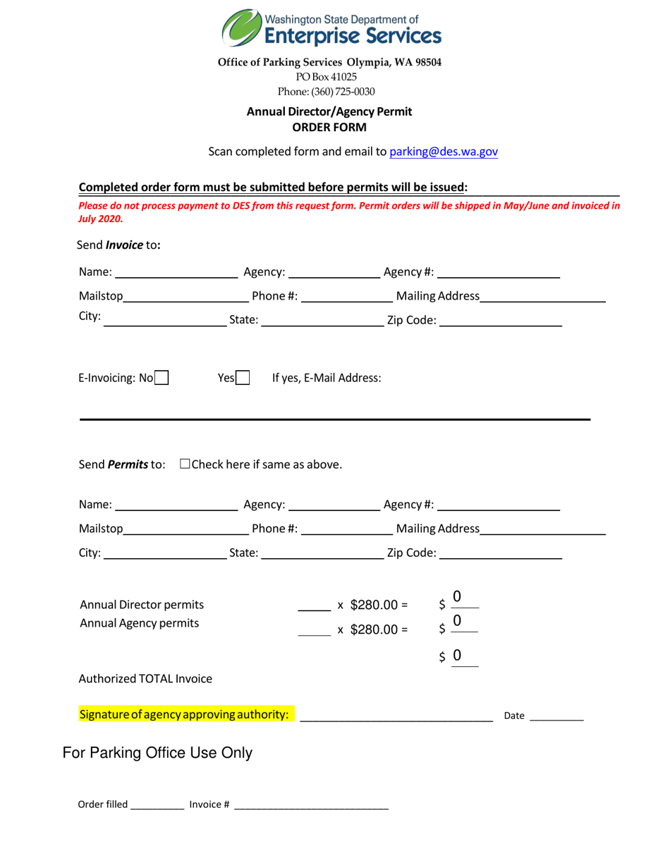 Annual Director / Agency Permit Order Form - Washington, Page 1