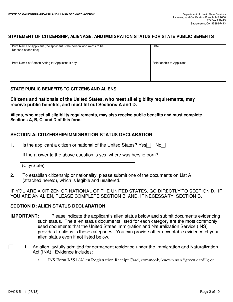 Form DHCS5111 Application Supplement for Sole Proprietors Only - California, Page 2