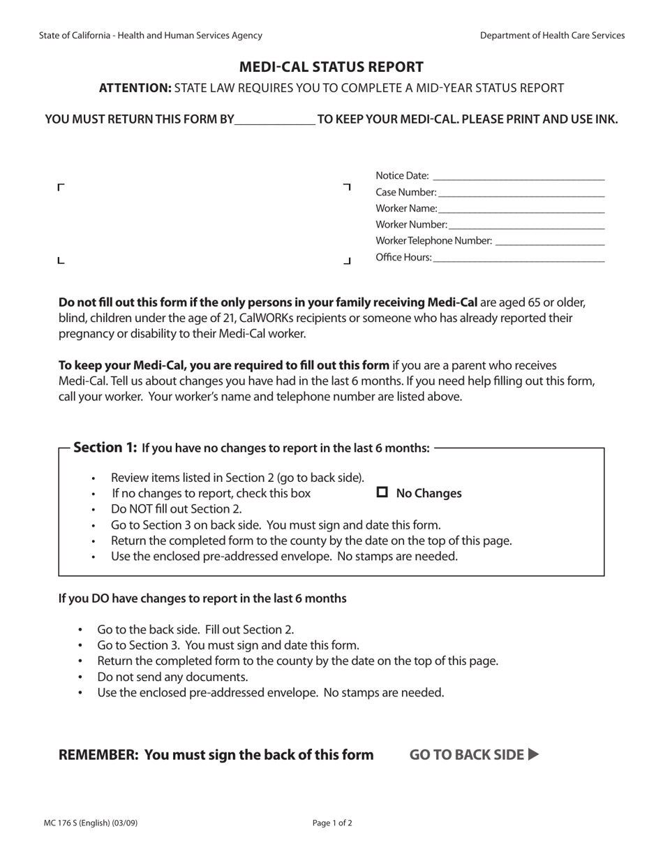 Form MC176 S Medi-Cal Status Report - California, Page 1