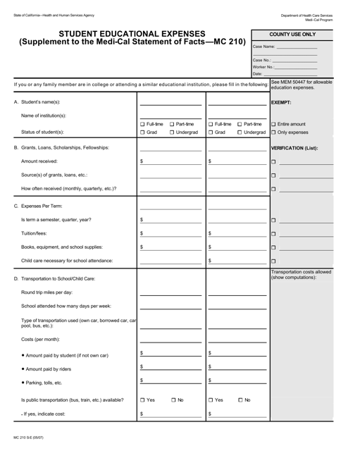 Form MC210 S-E Student Educational Expenses (Supplement to the Medi-Cal Statement of Facts - Mc 210) - California