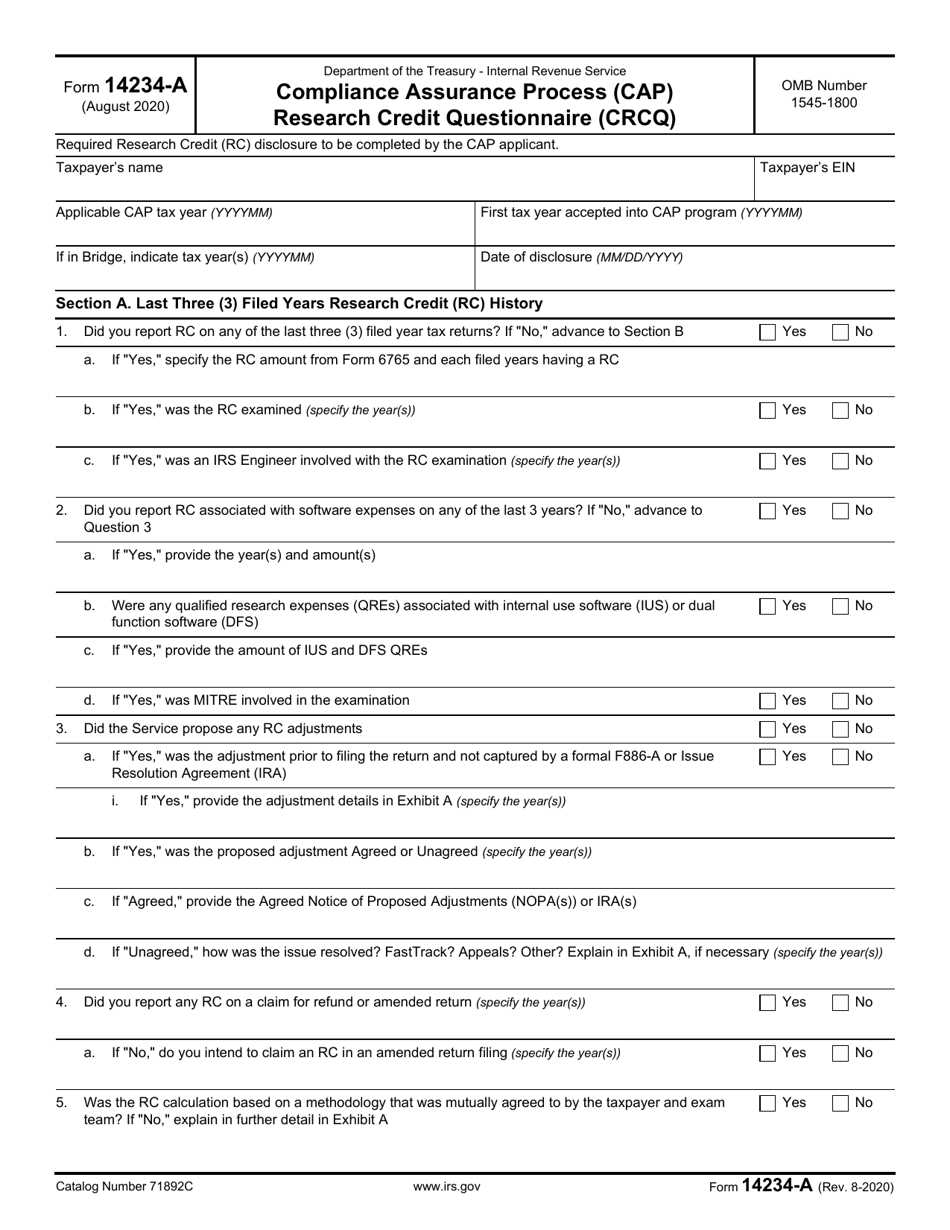 IRS Form 14234-A Compliance Assurance Process (CAP) Research Credit Questionnaire (Crcq), Page 1