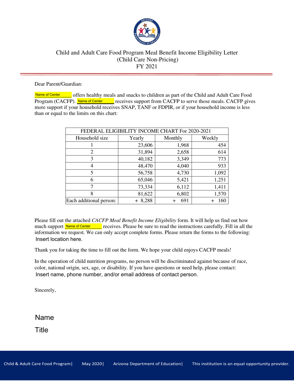 Child and Adult Care Food Program Meal Benefit Income Eligibility Letter (Child Care Non-pricing) - Arizona, Page 1