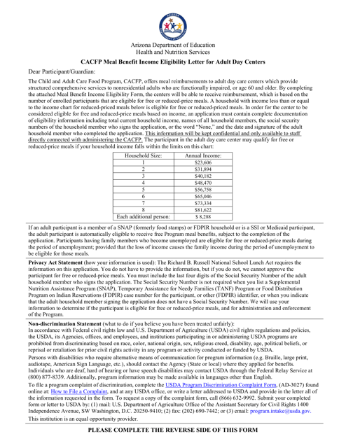 CACFP Meal Benefit Income Eligibility Letter for Adult Day Centers - Arizona Download Pdf