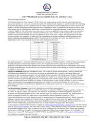 CACFP Meal Benefit Income Eligibility Letter for Adult Day Centers - Arizona