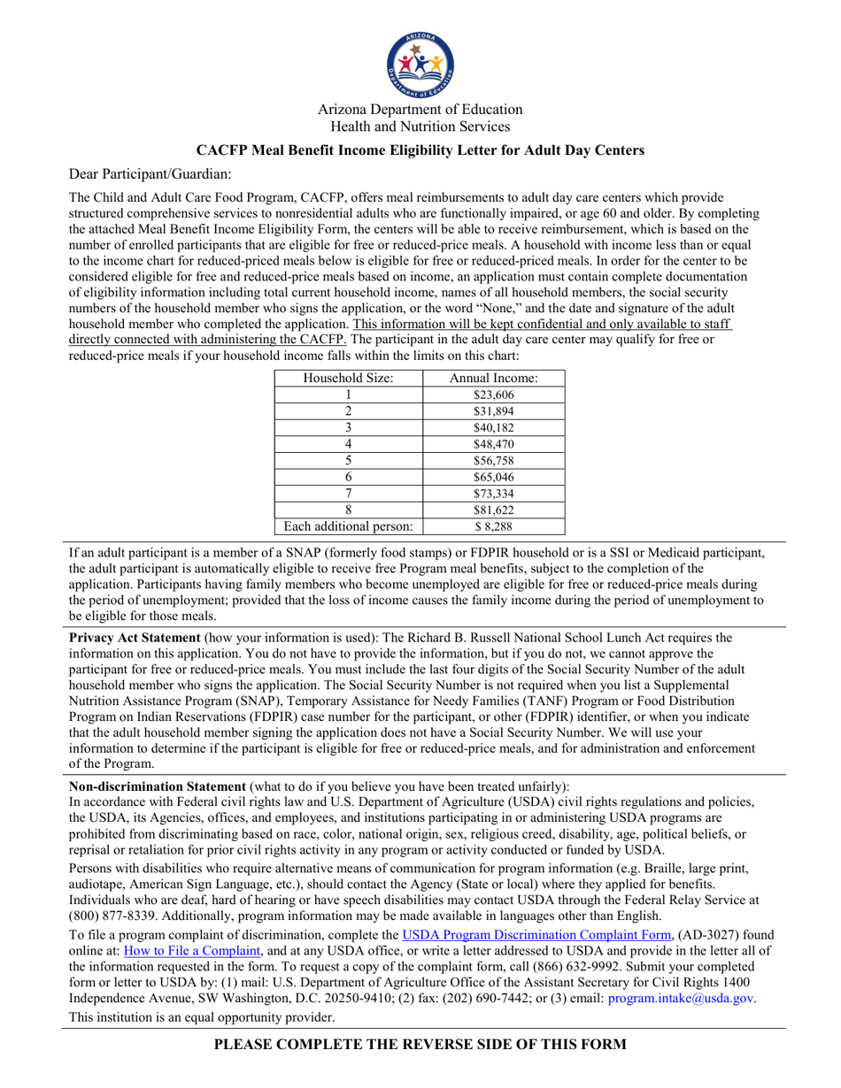 CACFP Meal Benefit Income Eligibility Letter for Adult Day Centers - Arizona, Page 1