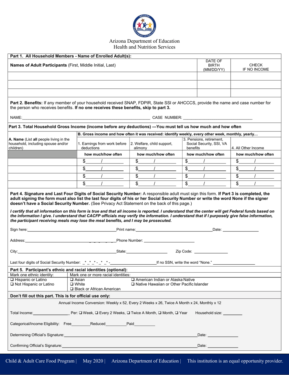 Arizona CACFP Meal Benefit Income Eligibility Letter for Adult Day ...