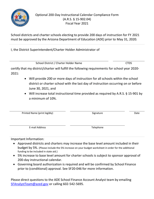 Optional 200-day Instructional Calendar Compliance Form - Arizona, 2021