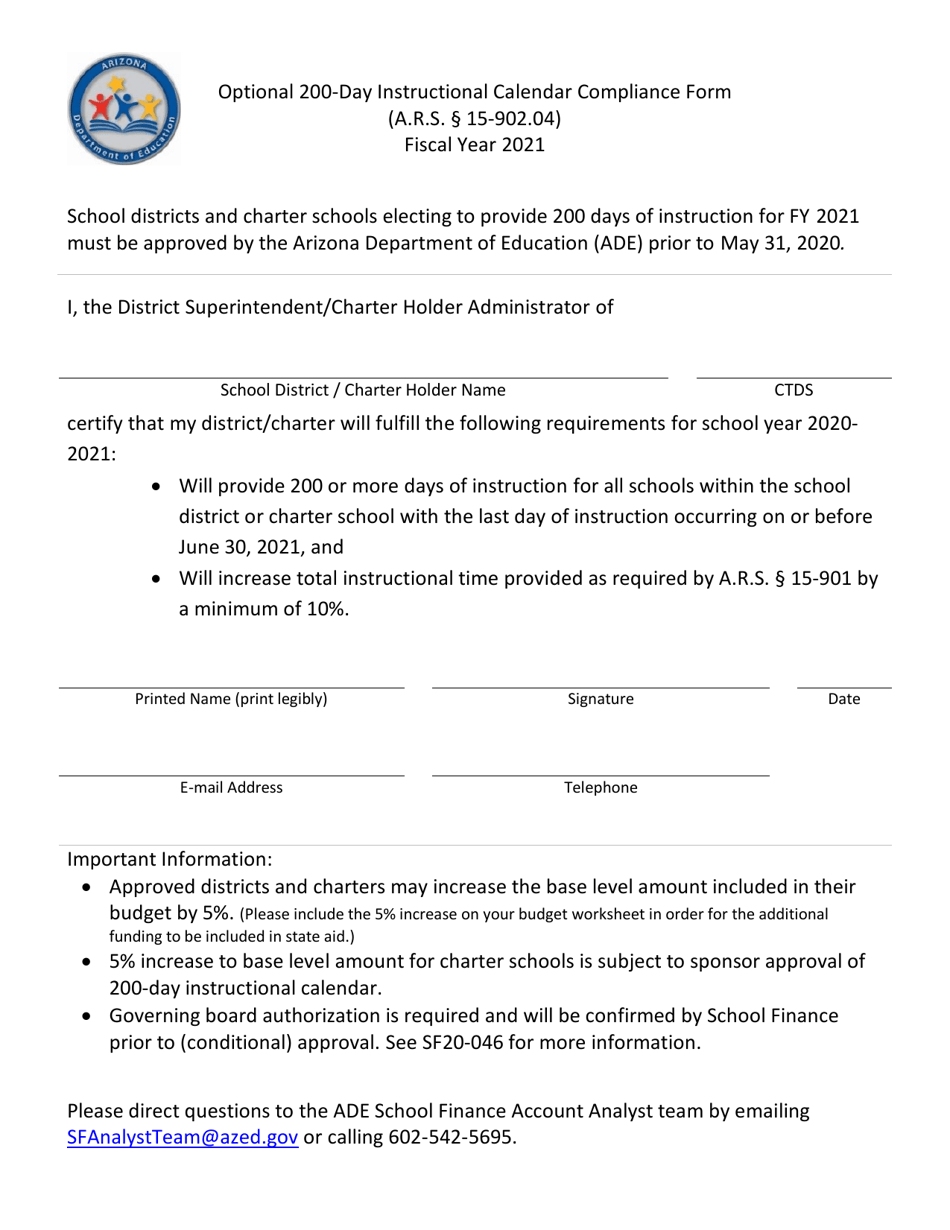 Optional 200-day Instructional Calendar Compliance Form - Arizona, Page 1