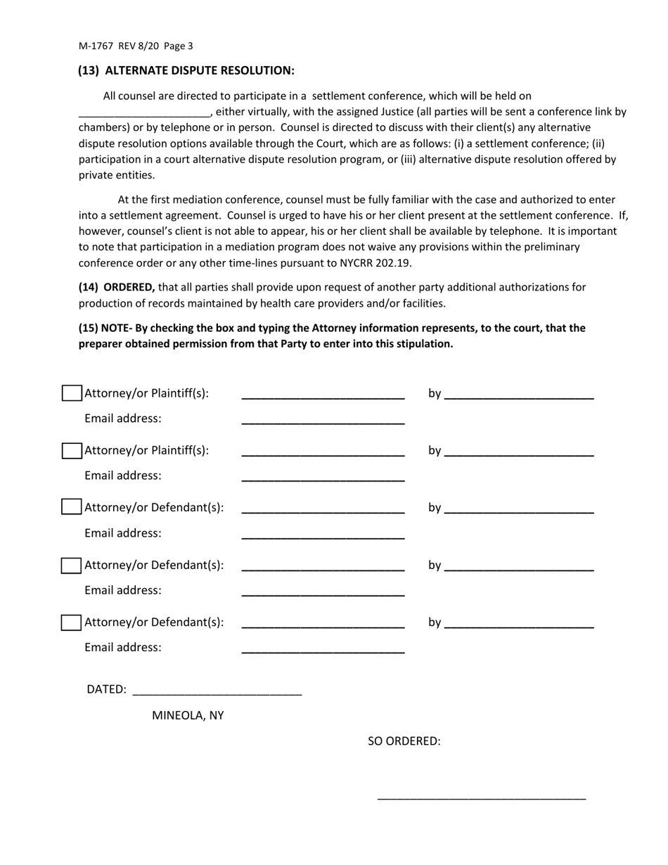 Form M-1767 Appendix (1) Preliminary Conference Stipulation and Order - Nassau County, New York, Page 3