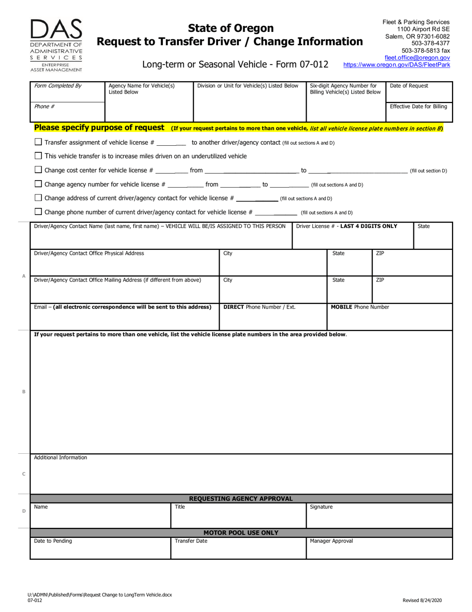 Form 07-012 Request to Transfer Driver / Change Information - Oregon, Page 1