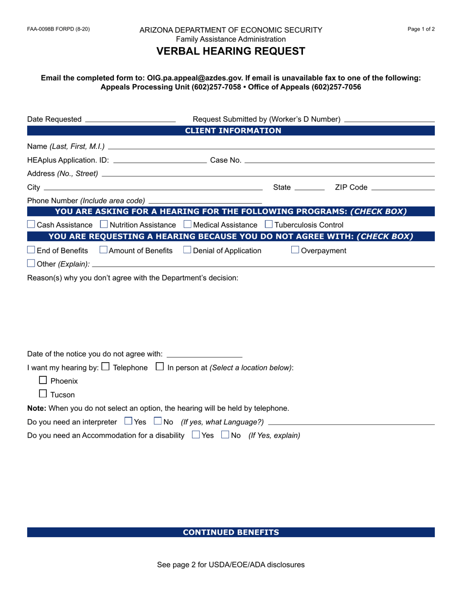 Form FAA-0098B Verbal Hearing Request - Arizona, Page 1