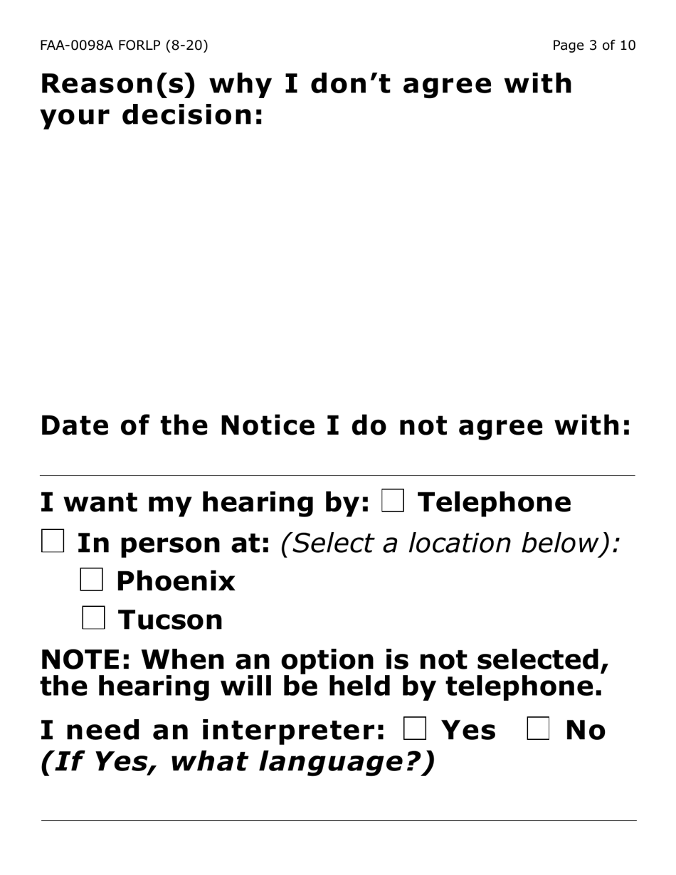 Form FAA-0098A-LP Hearing Request (Large Print) - Arizona, Page 3