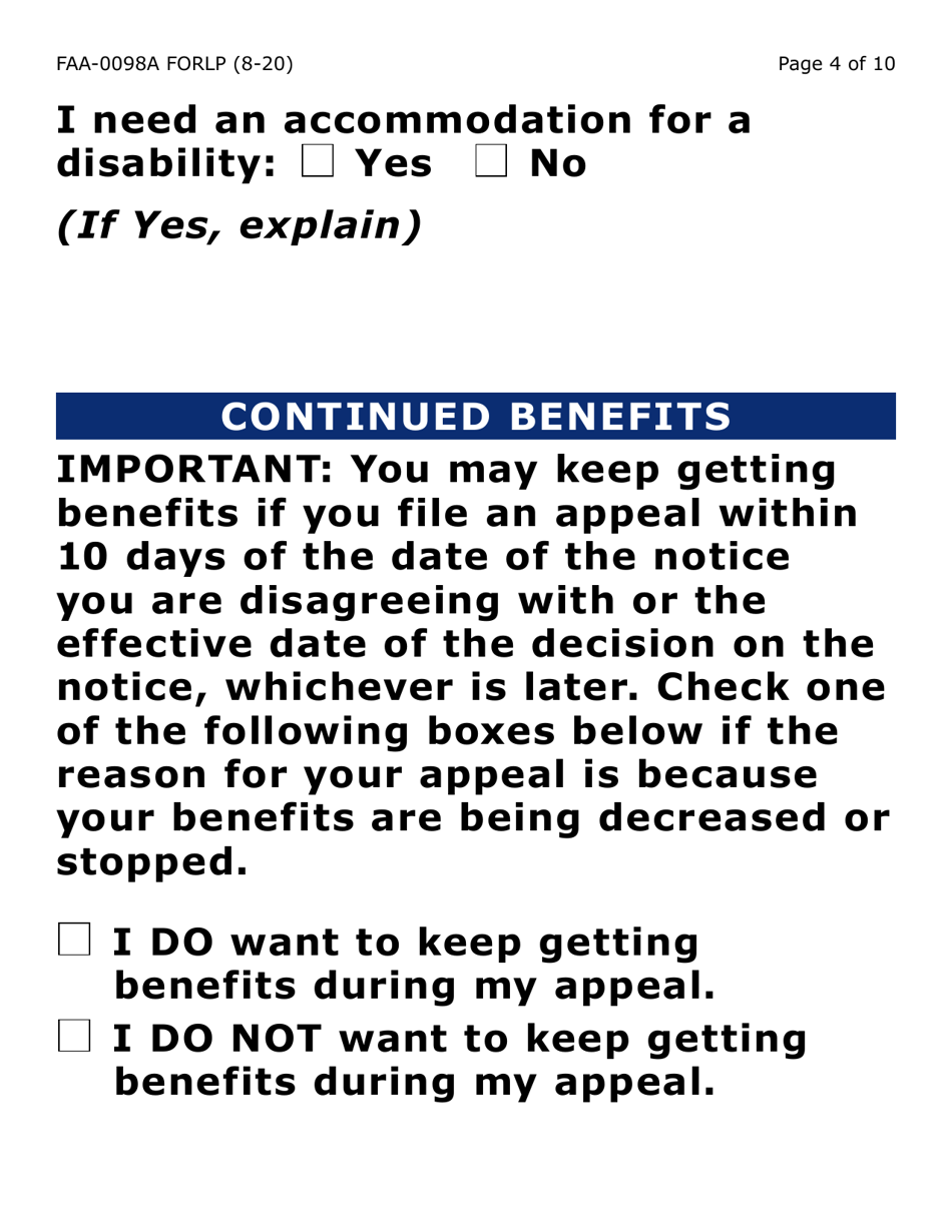 Form FAA-0098A-LP Hearing Request (Large Print) - Arizona, Page 4